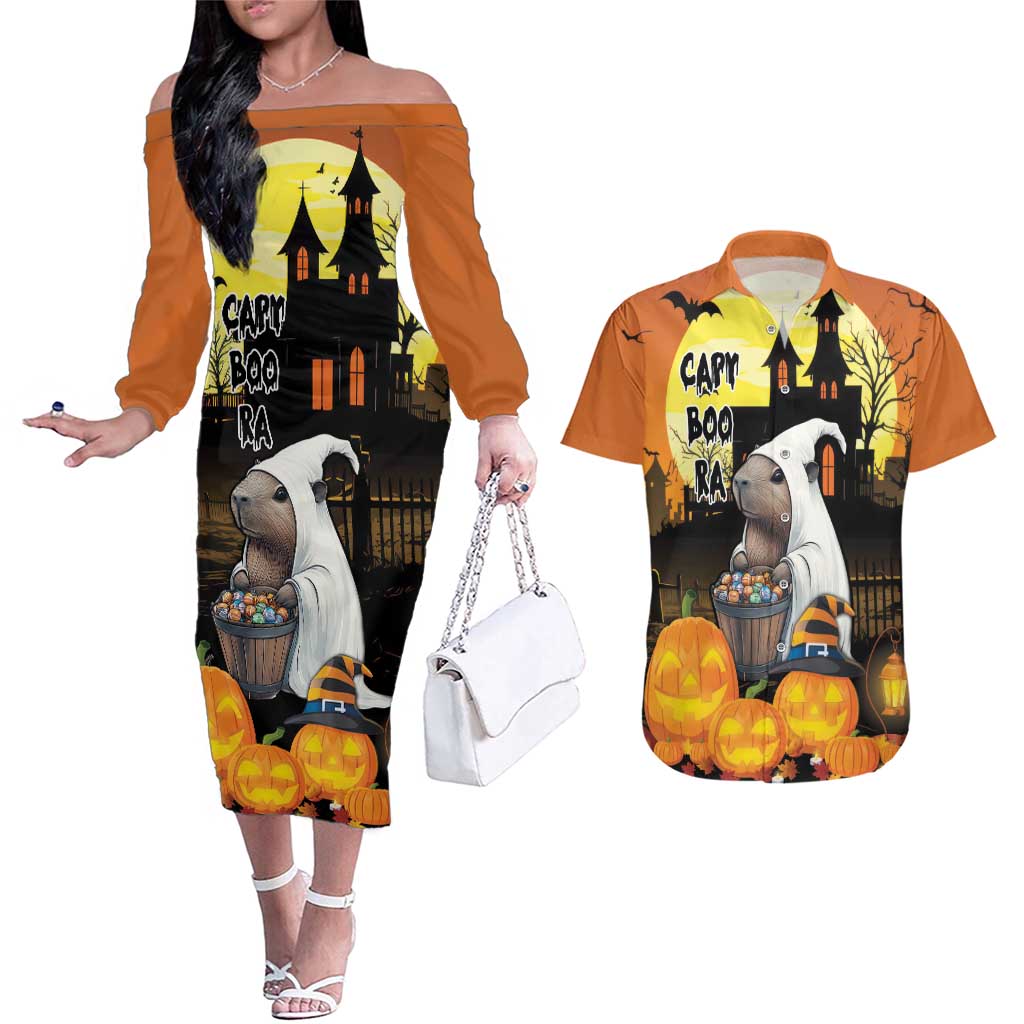 Capy-Boo-Ra Halloween Couples Matching Off The Shoulder Long Sleeve Dress and Hawaiian Shirt Haunted House And Pumpkin Spooky - Wonder Print Shop
