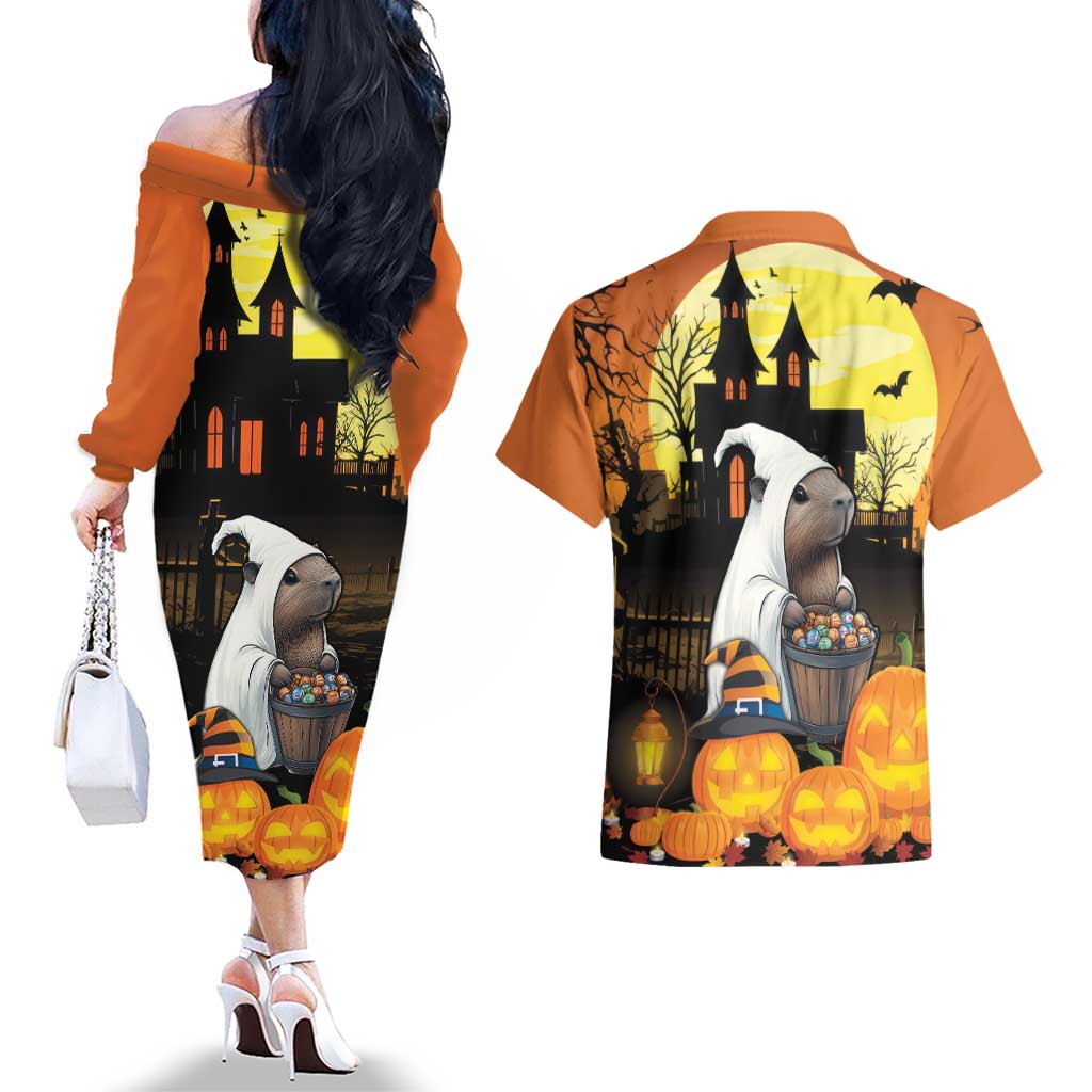 Capy-Boo-Ra Halloween Couples Matching Off The Shoulder Long Sleeve Dress and Hawaiian Shirt Haunted House And Pumpkin Spooky - Wonder Print Shop