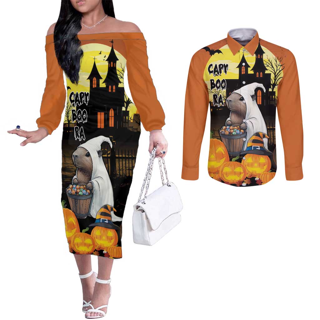 Capy-Boo-Ra Halloween Couples Matching Off The Shoulder Long Sleeve Dress and Long Sleeve Button Shirt Haunted House And Pumpkin Spooky
