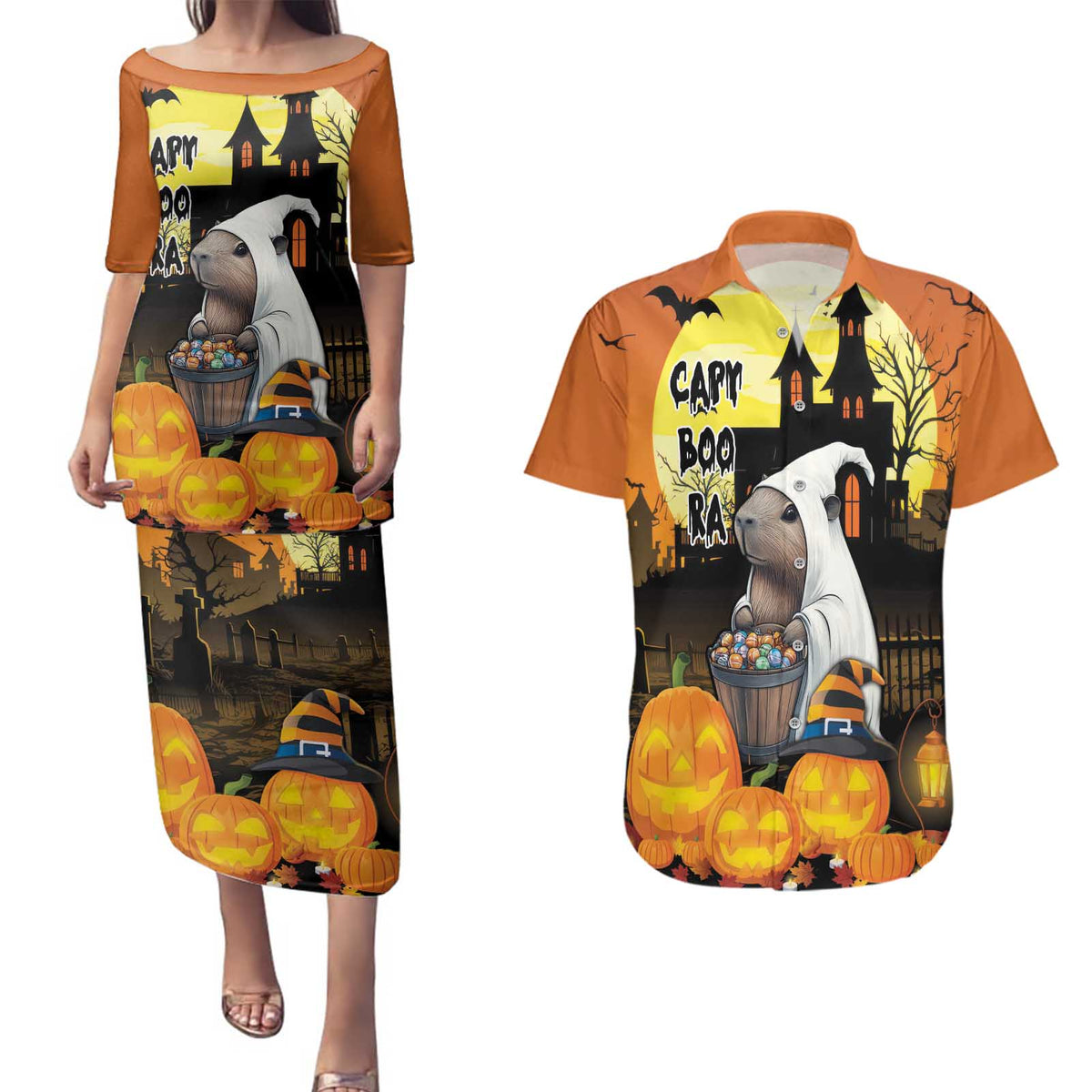 Capy-Boo-Ra Halloween Couples Matching Puletasi and Hawaiian Shirt Haunted House And Pumpkin Spooky - Wonder Print Shop