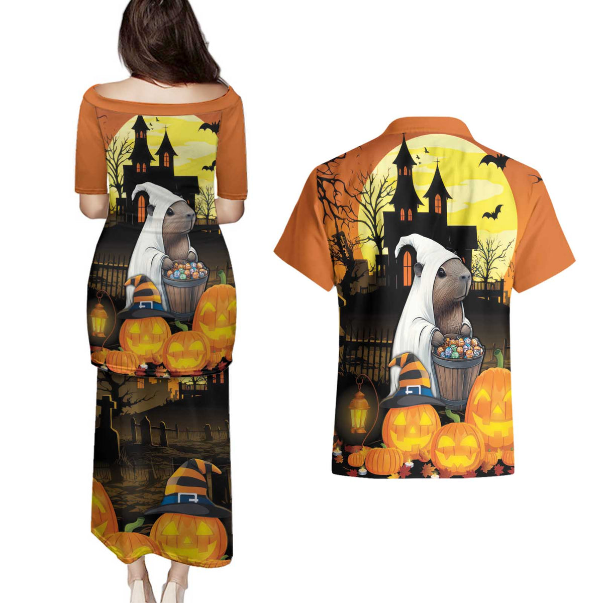 Capy-Boo-Ra Halloween Couples Matching Puletasi and Hawaiian Shirt Haunted House And Pumpkin Spooky - Wonder Print Shop