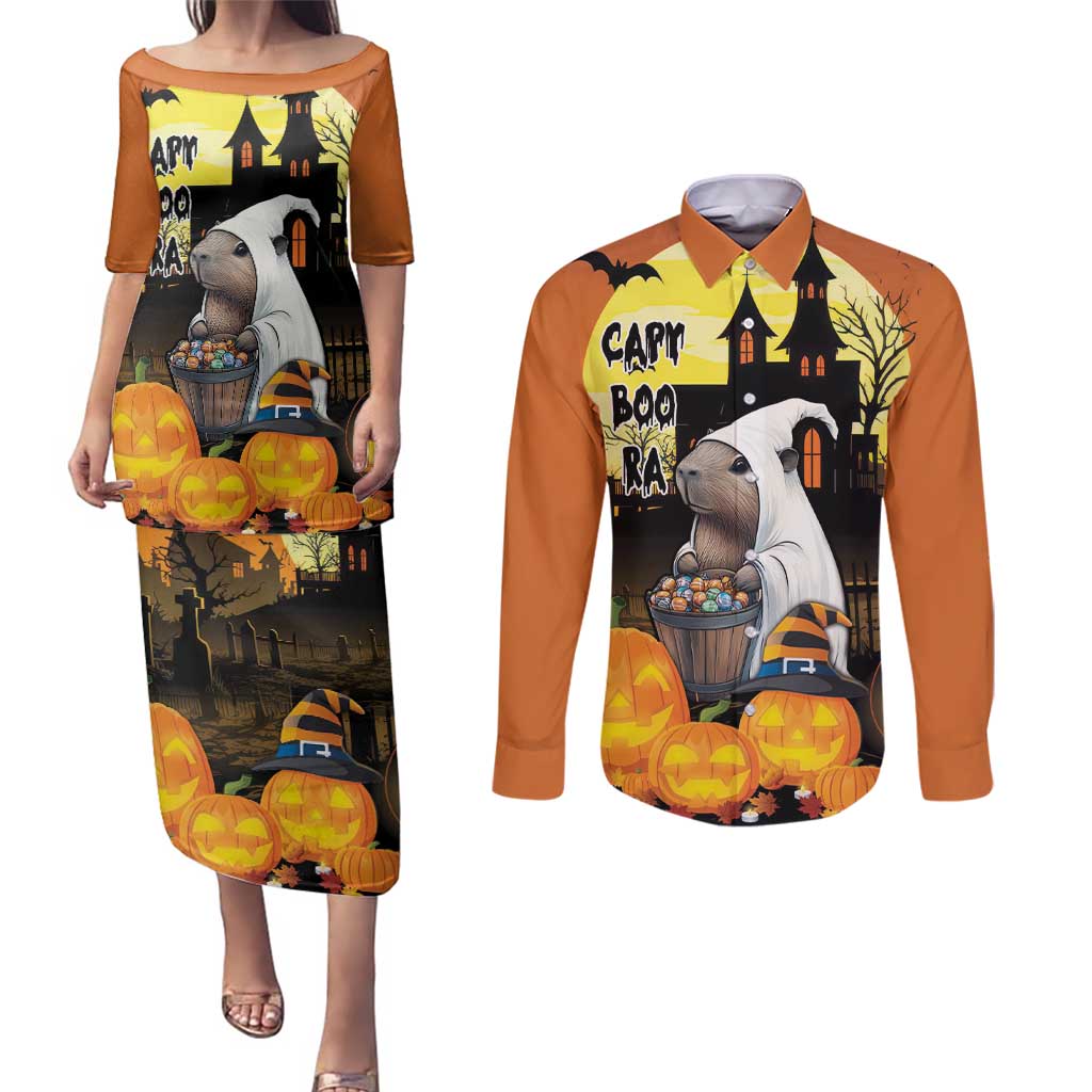 Capy-Boo-Ra Halloween Couples Matching Puletasi and Long Sleeve Button Shirt Haunted House And Pumpkin Spooky - Wonder Print Shop
