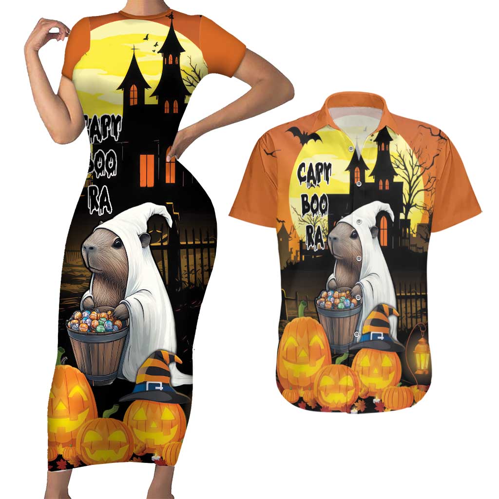 Capy-Boo-Ra Halloween Couples Matching Short Sleeve Bodycon Dress and Hawaiian Shirt Haunted House And Pumpkin Spooky - Wonder Print Shop