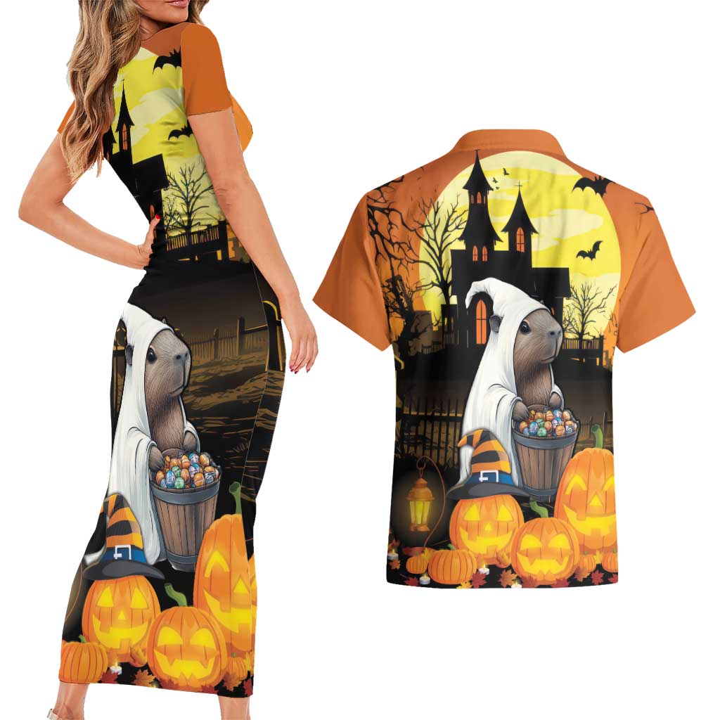 Capy-Boo-Ra Halloween Couples Matching Short Sleeve Bodycon Dress and Hawaiian Shirt Haunted House And Pumpkin Spooky - Wonder Print Shop