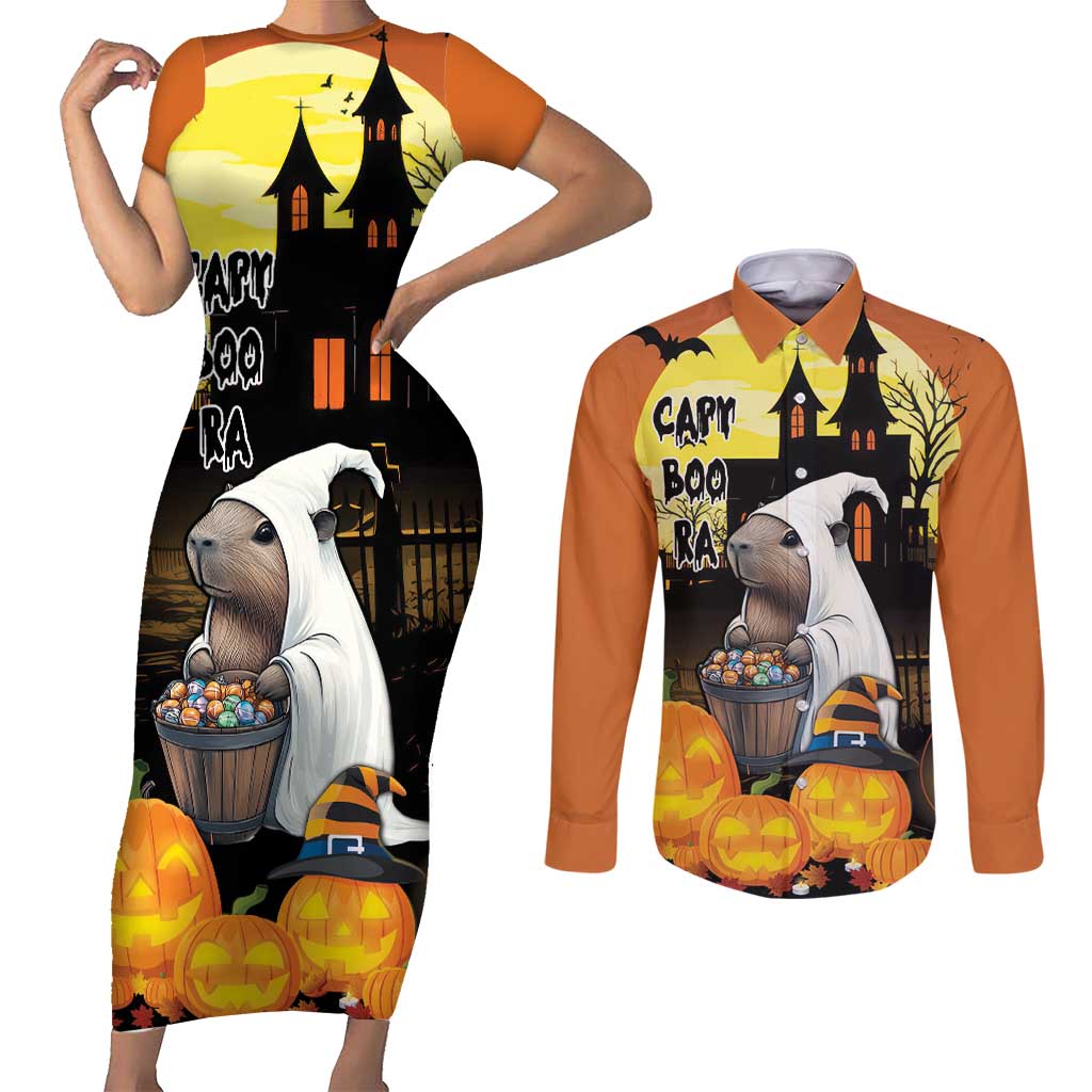 Capy-Boo-Ra Halloween Couples Matching Short Sleeve Bodycon Dress and Long Sleeve Button Shirt Haunted House And Pumpkin Spooky - Wonder Print Shop