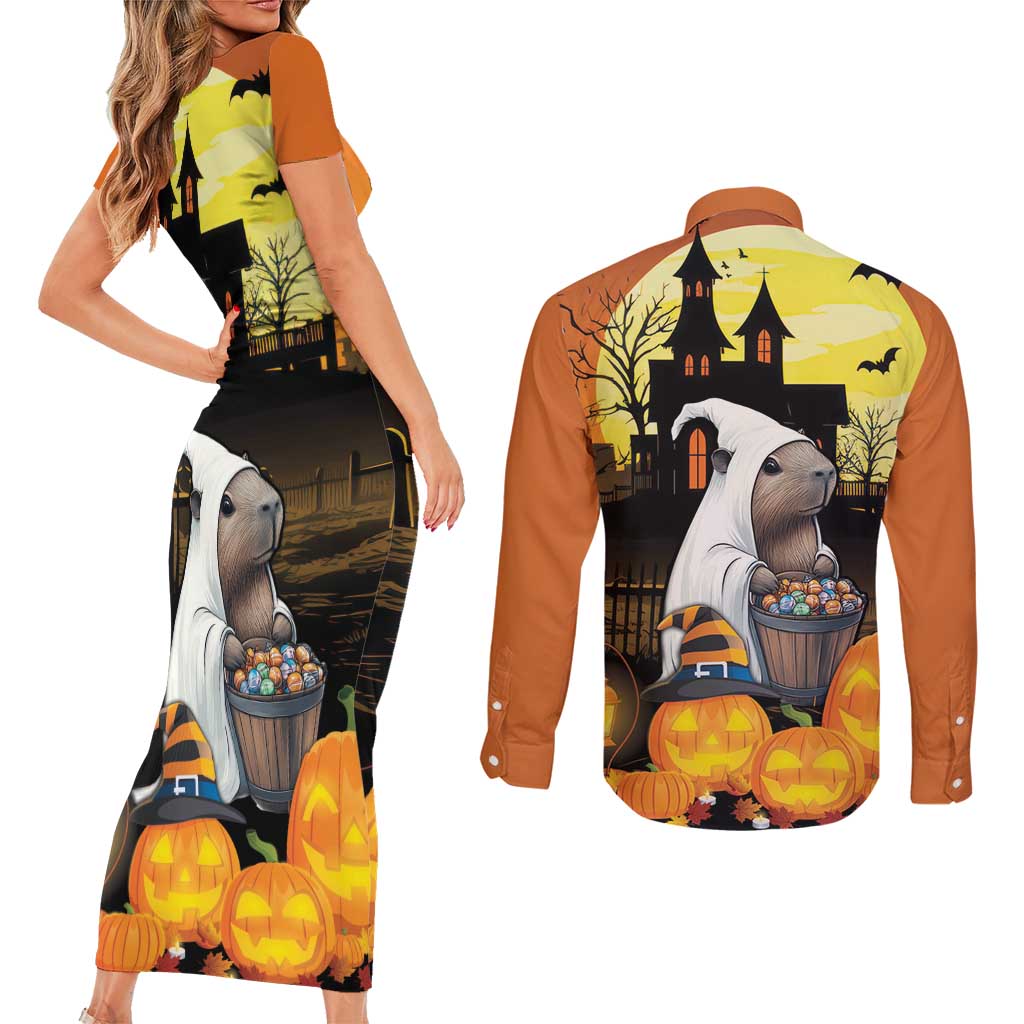 Capy-Boo-Ra Halloween Couples Matching Short Sleeve Bodycon Dress and Long Sleeve Button Shirt Haunted House And Pumpkin Spooky - Wonder Print Shop