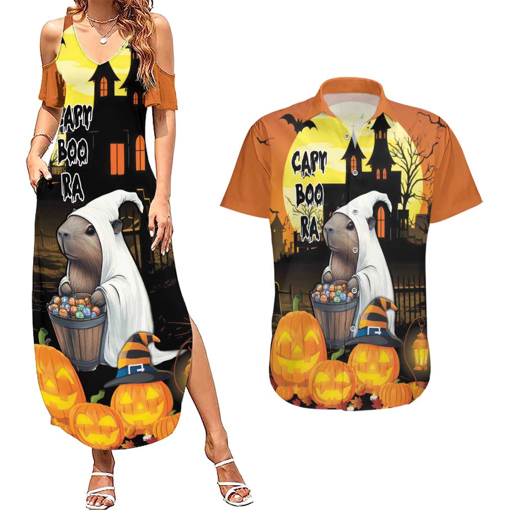 Capy-Boo-Ra Halloween Couples Matching Summer Maxi Dress and Hawaiian Shirt Haunted House And Pumpkin Spooky - Wonder Print Shop