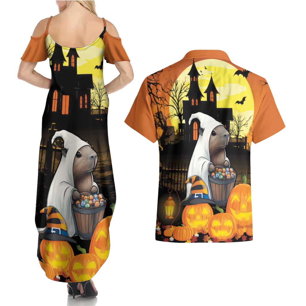 Capy-Boo-Ra Halloween Couples Matching Summer Maxi Dress and Hawaiian Shirt Haunted House And Pumpkin Spooky - Wonder Print Shop