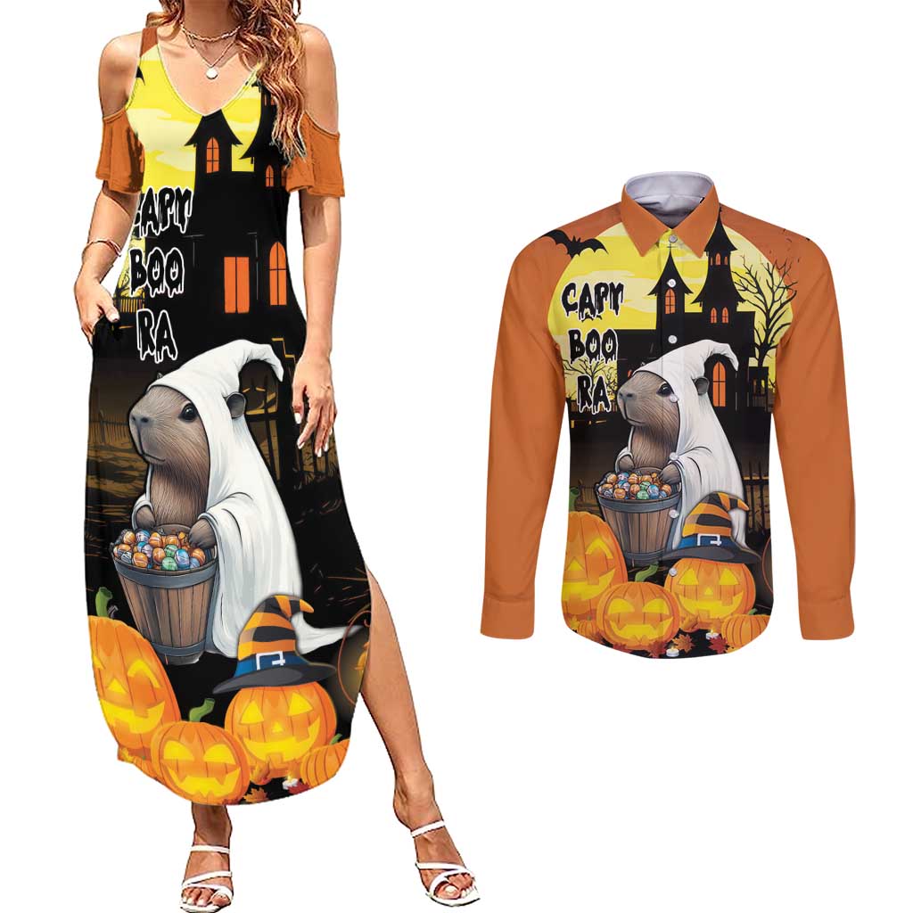 Capy-Boo-Ra Halloween Couples Matching Summer Maxi Dress and Long Sleeve Button Shirt Haunted House And Pumpkin Spooky - Wonder Print Shop