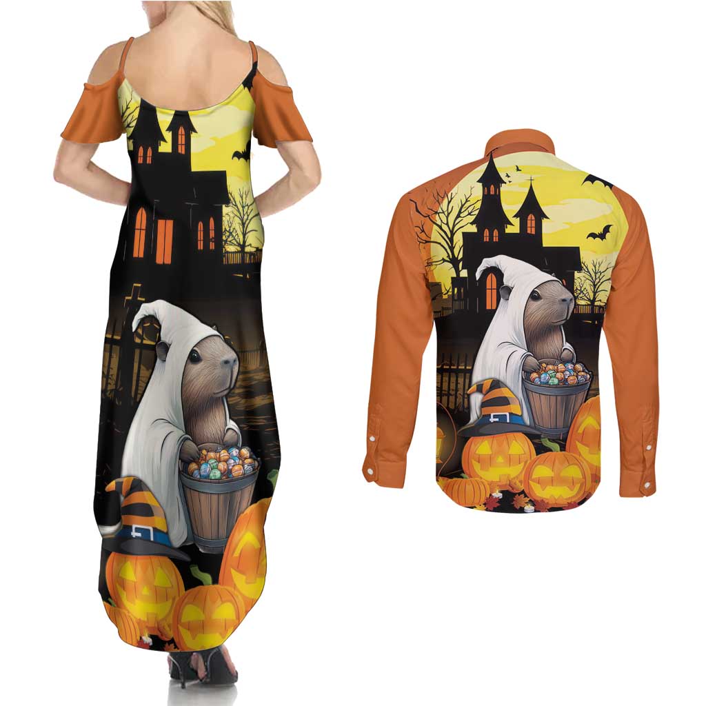 Capy-Boo-Ra Halloween Couples Matching Summer Maxi Dress and Long Sleeve Button Shirt Haunted House And Pumpkin Spooky - Wonder Print Shop