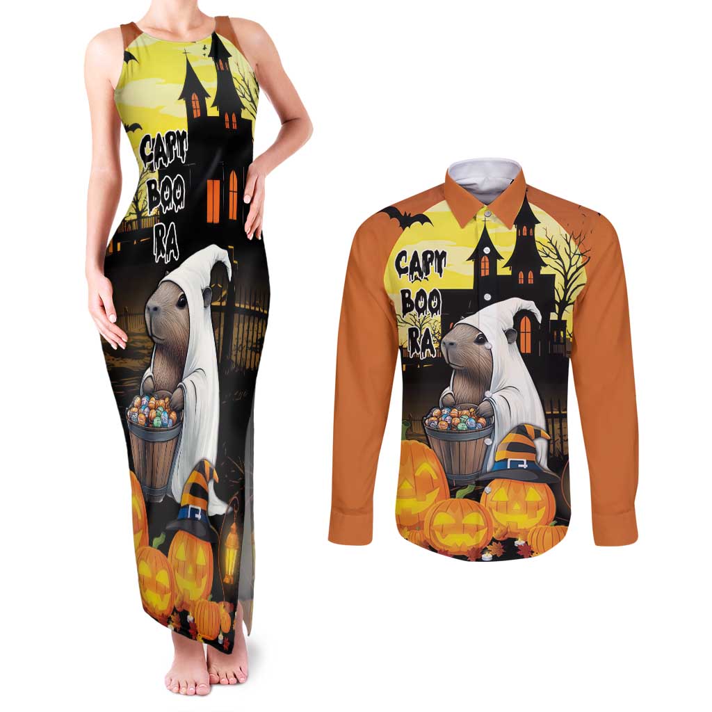 Capy-Boo-Ra Halloween Couples Matching Tank Maxi Dress and Long Sleeve Button Shirt Haunted House And Pumpkin Spooky - Wonder Print Shop