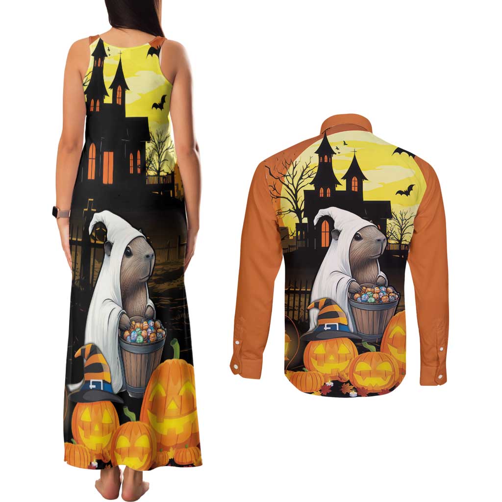 Capy-Boo-Ra Halloween Couples Matching Tank Maxi Dress and Long Sleeve Button Shirt Haunted House And Pumpkin Spooky - Wonder Print Shop