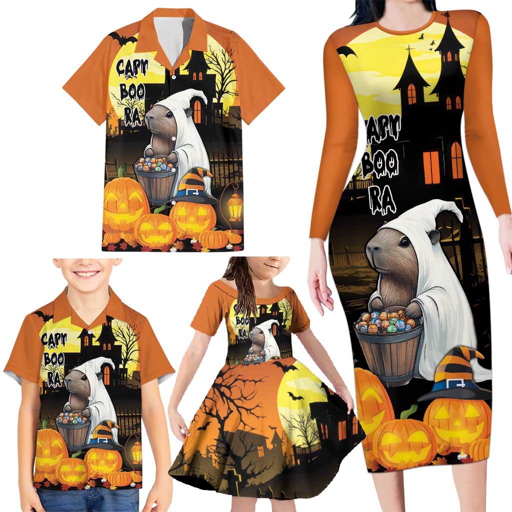 Capy-Boo-Ra Halloween Family Matching Long Sleeve Bodycon Dress and Hawaiian Shirt Haunted House And Pumpkin Spooky - Wonder Print Shop