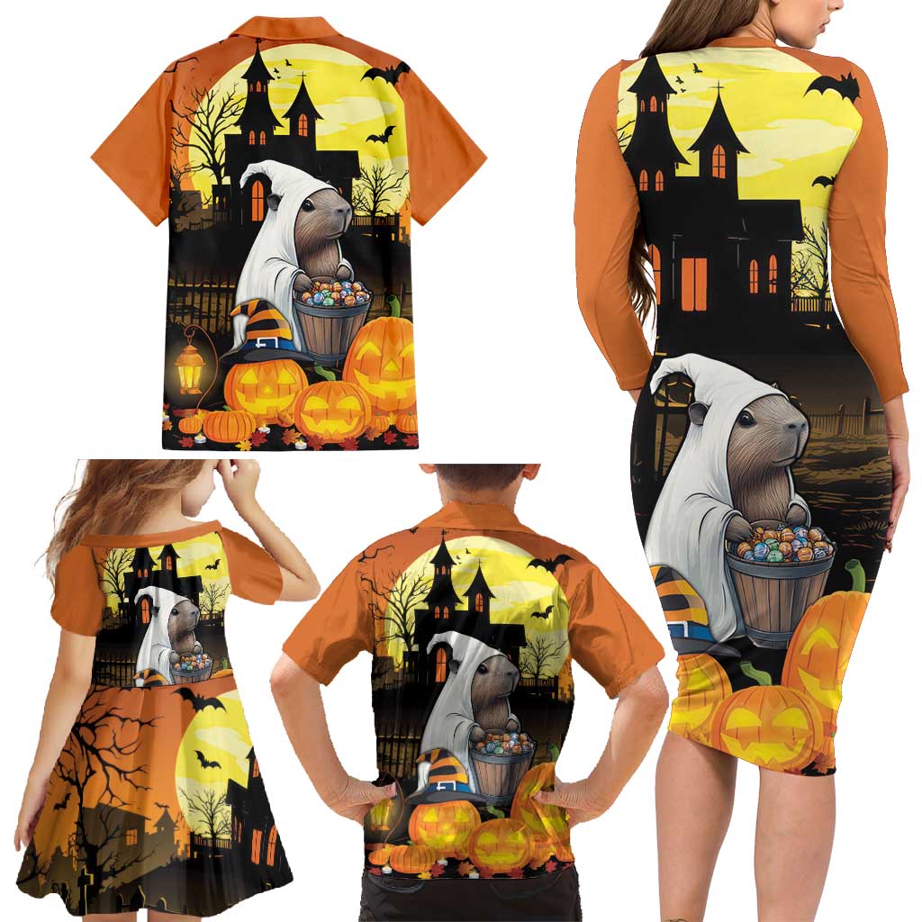 Capy-Boo-Ra Halloween Family Matching Long Sleeve Bodycon Dress and Hawaiian Shirt Haunted House And Pumpkin Spooky - Wonder Print Shop