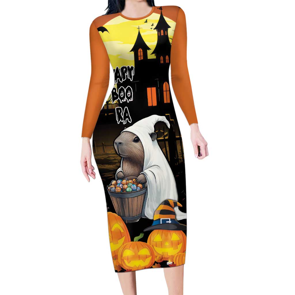 Capy-Boo-Ra Halloween Family Matching Long Sleeve Bodycon Dress and Hawaiian Shirt Haunted House And Pumpkin Spooky - Wonder Print Shop