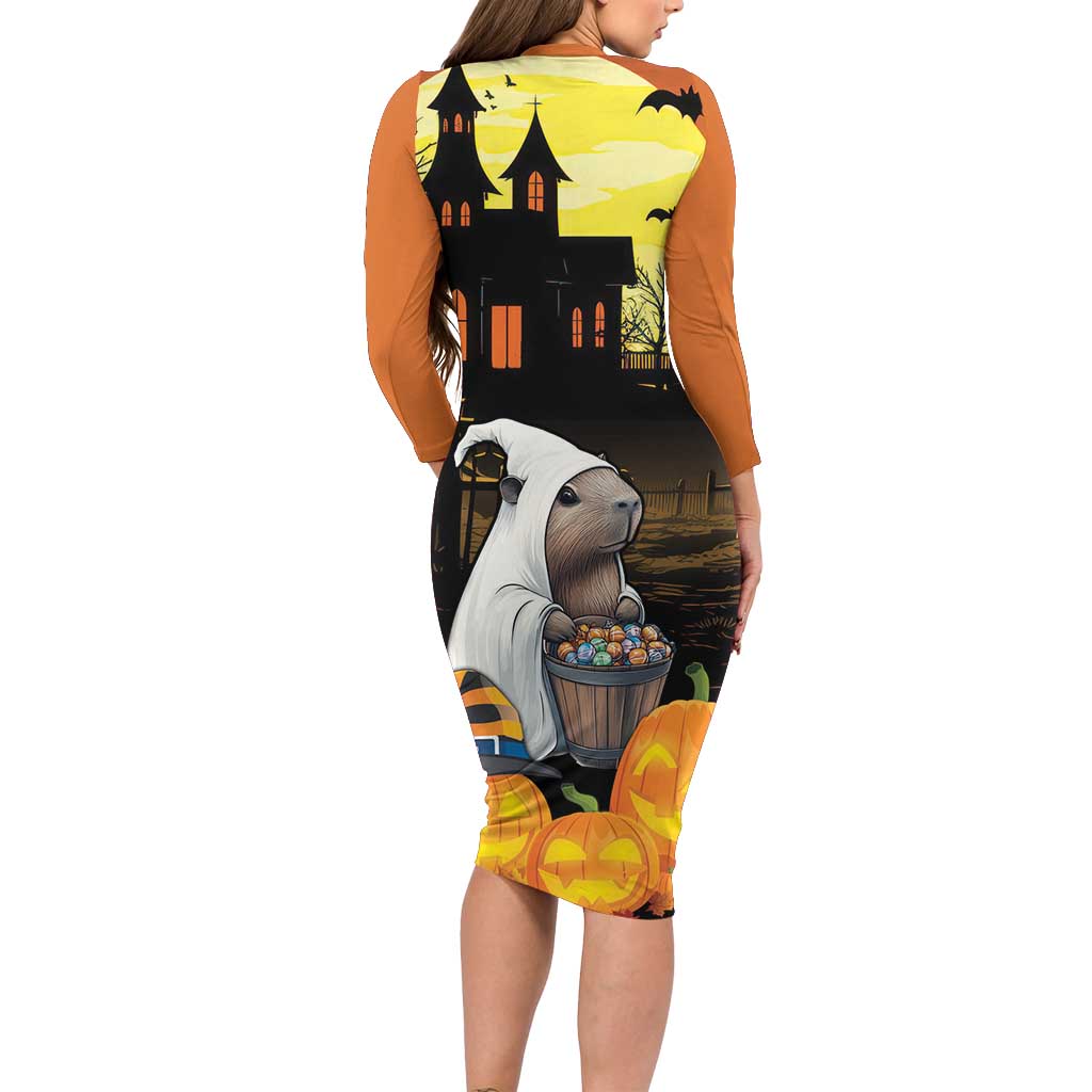 Capy-Boo-Ra Halloween Family Matching Long Sleeve Bodycon Dress and Hawaiian Shirt Haunted House And Pumpkin Spooky - Wonder Print Shop