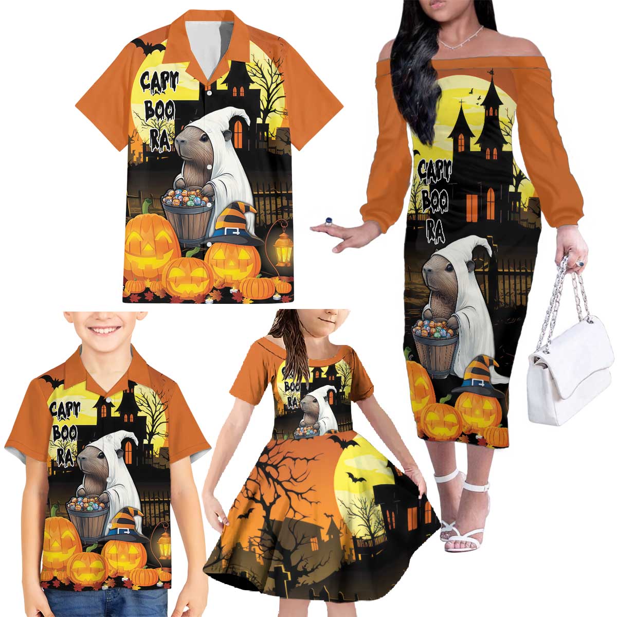 Capy-Boo-Ra Halloween Family Matching Off The Shoulder Long Sleeve Dress and Hawaiian Shirt Haunted House And Pumpkin Spooky - Wonder Print Shop