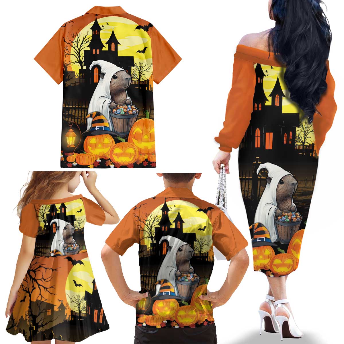 Capy-Boo-Ra Halloween Family Matching Off The Shoulder Long Sleeve Dress and Hawaiian Shirt Haunted House And Pumpkin Spooky - Wonder Print Shop
