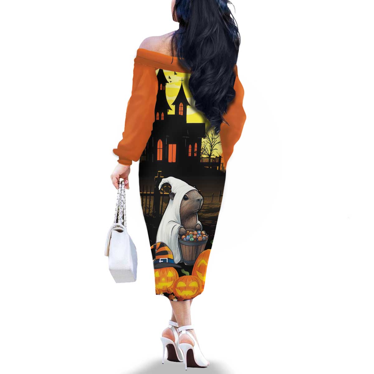 Capy-Boo-Ra Halloween Family Matching Off The Shoulder Long Sleeve Dress and Hawaiian Shirt Haunted House And Pumpkin Spooky - Wonder Print Shop