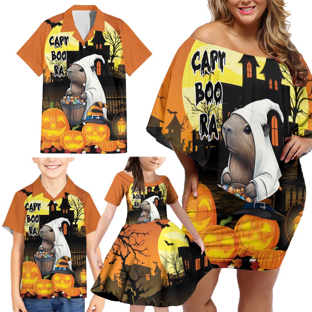 Capy-Boo-Ra Halloween Family Matching Off Shoulder Short Dress and Hawaiian Shirt Haunted House And Pumpkin Spooky - Wonder Print Shop
