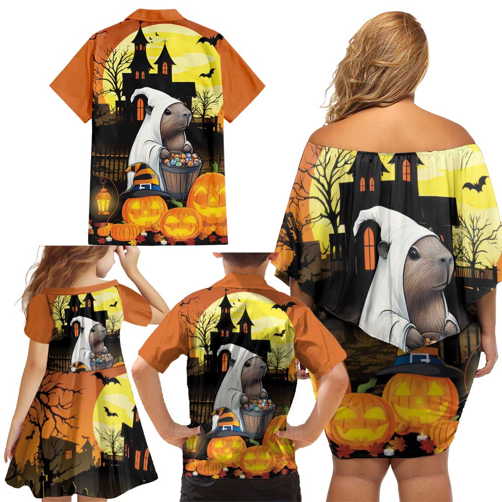Capy-Boo-Ra Halloween Family Matching Off Shoulder Short Dress and Hawaiian Shirt Haunted House And Pumpkin Spooky - Wonder Print Shop