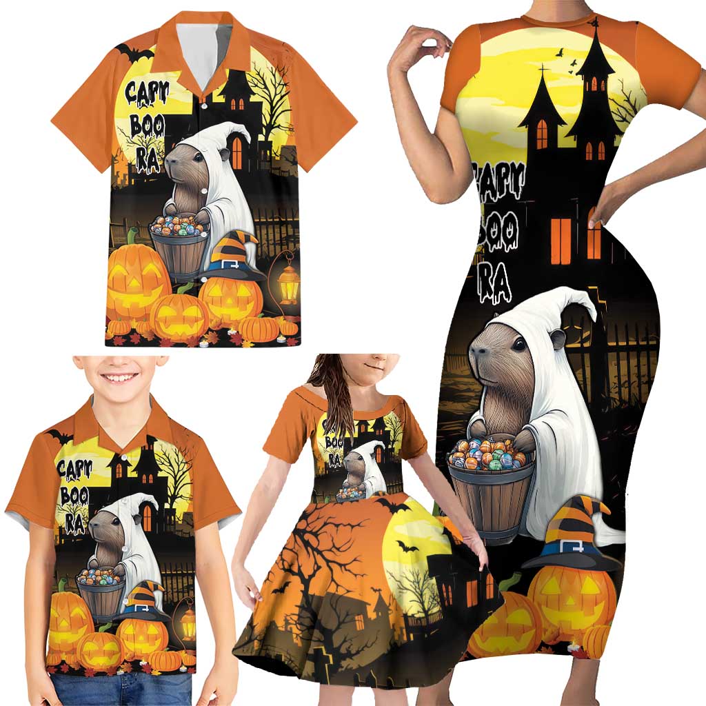 Capy-Boo-Ra Halloween Family Matching Short Sleeve Bodycon Dress and Hawaiian Shirt Haunted House And Pumpkin Spooky - Wonder Print Shop