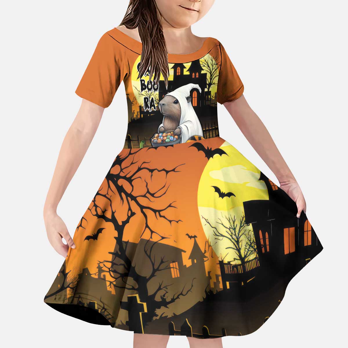 Capy-Boo-Ra Halloween Kid Short Sleeve Dress Haunted House And Pumpkin Spooky - Wonder Print Shop