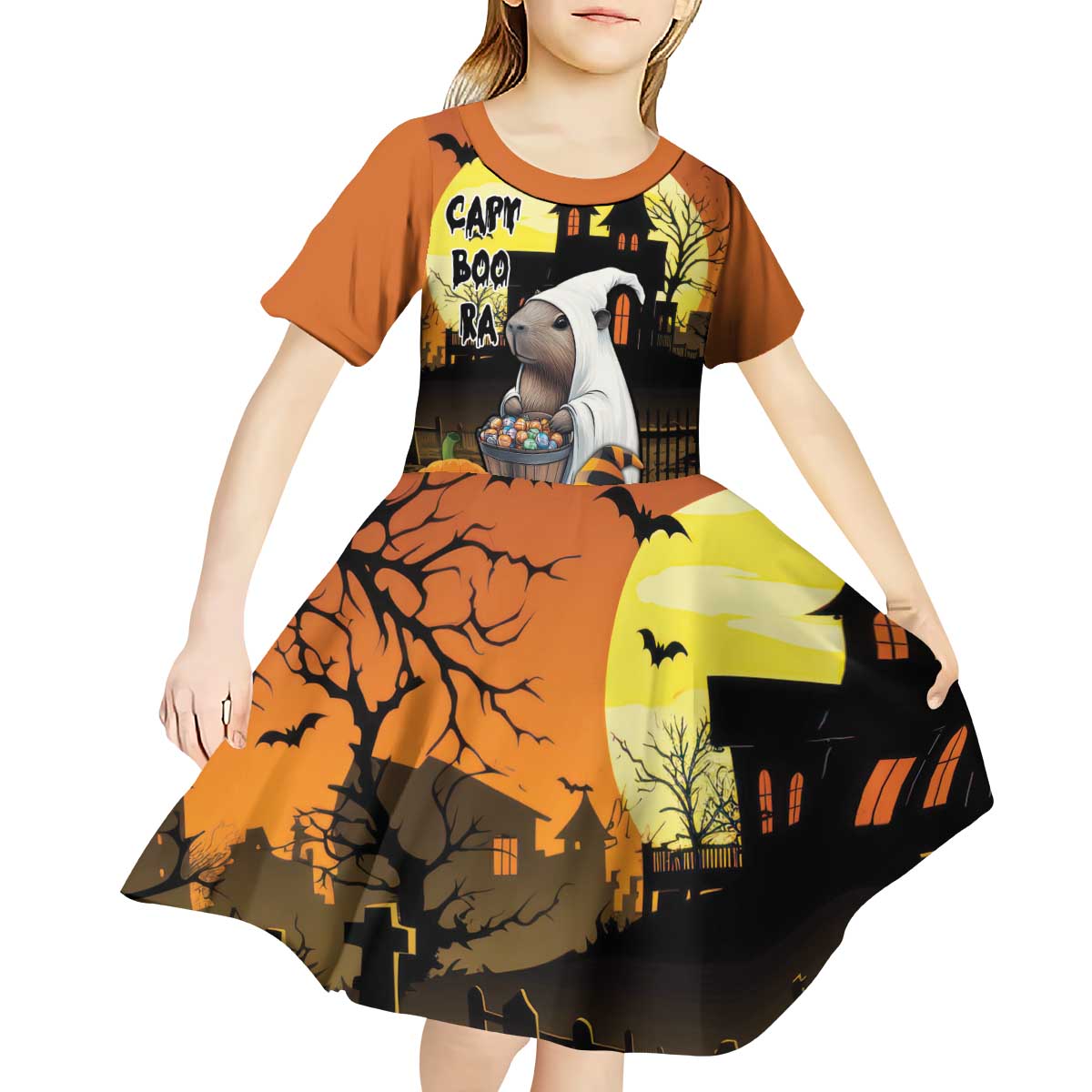 Capy-Boo-Ra Halloween Kid Short Sleeve Dress Haunted House And Pumpkin Spooky - Wonder Print Shop