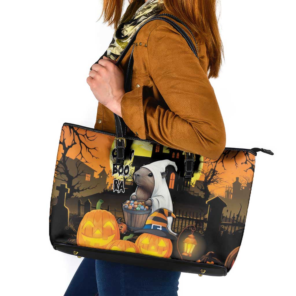 Capy-Boo-Ra Halloween Leather Tote Bag Haunted House And Pumpkin Spooky - Wonder Print Shop