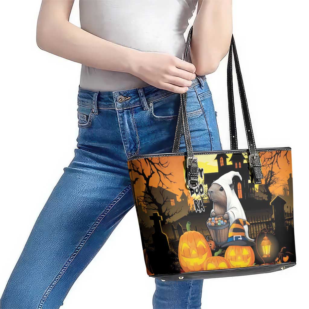 Capy-Boo-Ra Halloween Leather Tote Bag Haunted House And Pumpkin Spooky - Wonder Print Shop