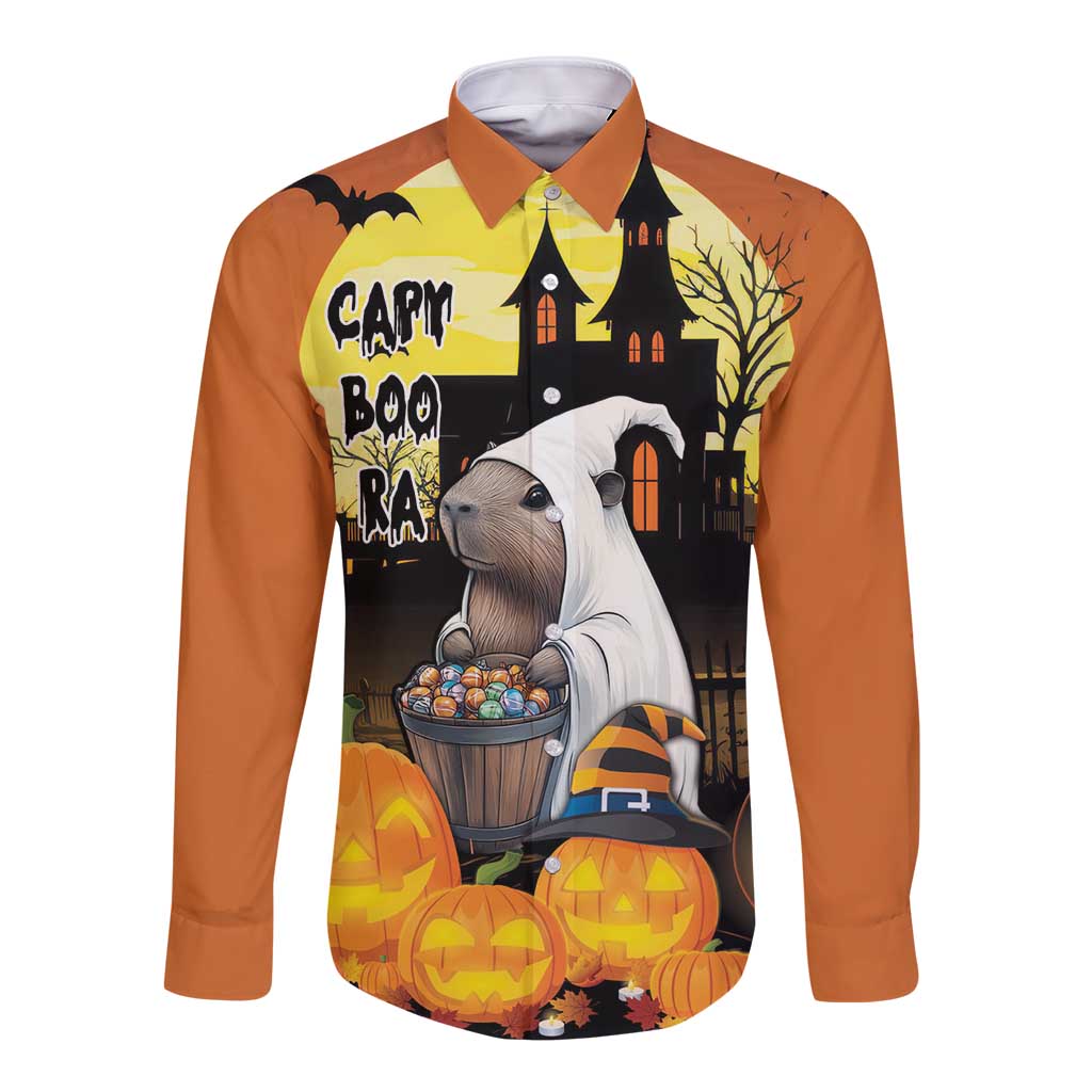 Capy-Boo-Ra Halloween Long Sleeve Button Shirt Haunted House And Pumpkin Spooky - Wonder Print Shop