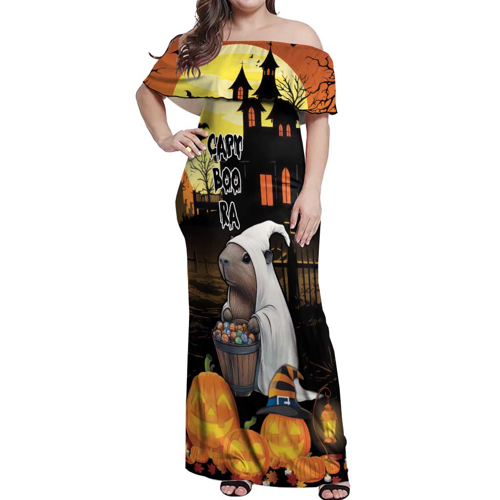 Capy-Boo-Ra Halloween Off Shoulder Maxi Dress Haunted House And Pumpkin Spooky - Wonder Print Shop