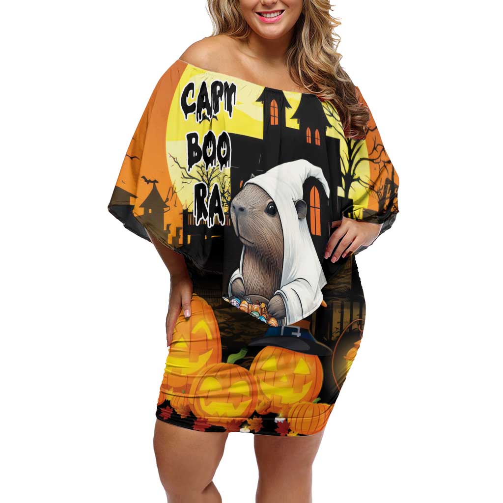 Capy-Boo-Ra Halloween Off Shoulder Short Dress Haunted House And Pumpkin Spooky - Wonder Print Shop