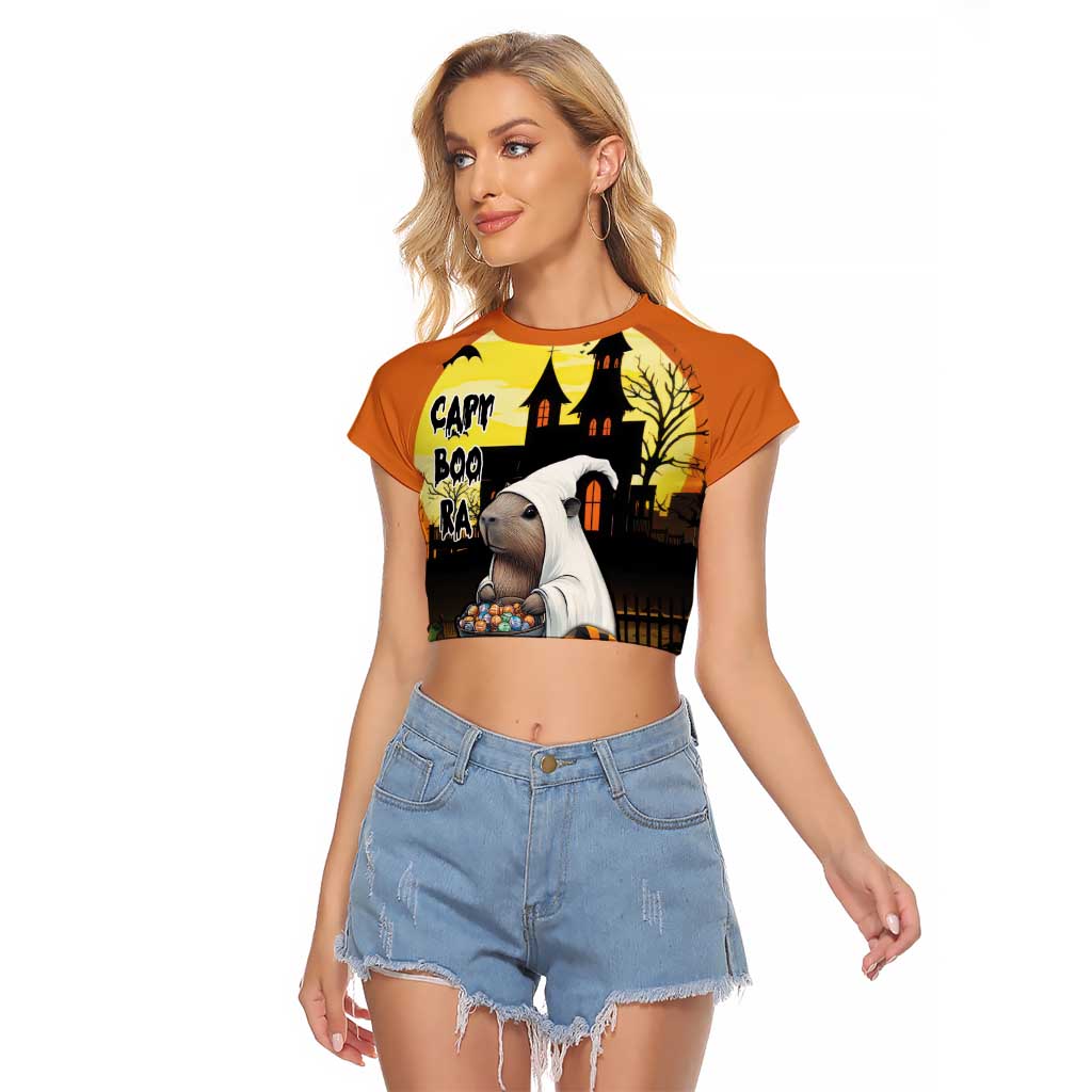 Capy-Boo-Ra Halloween Raglan Cropped T Shirt Haunted House And Pumpkin Spooky - Wonder Print Shop