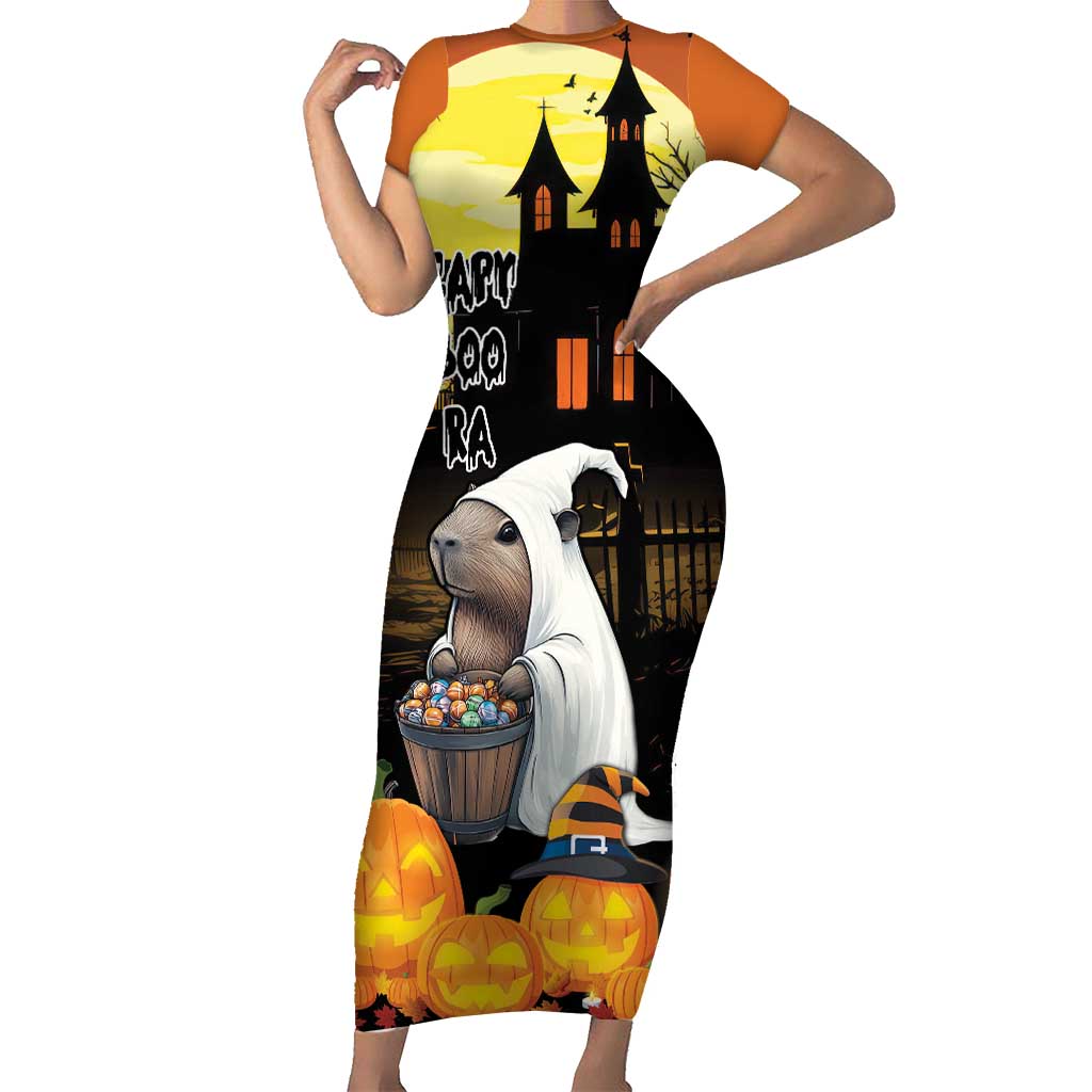 Capy-Boo-Ra Halloween Short Sleeve Bodycon Dress Haunted House And Pumpkin Spooky - Wonder Print Shop