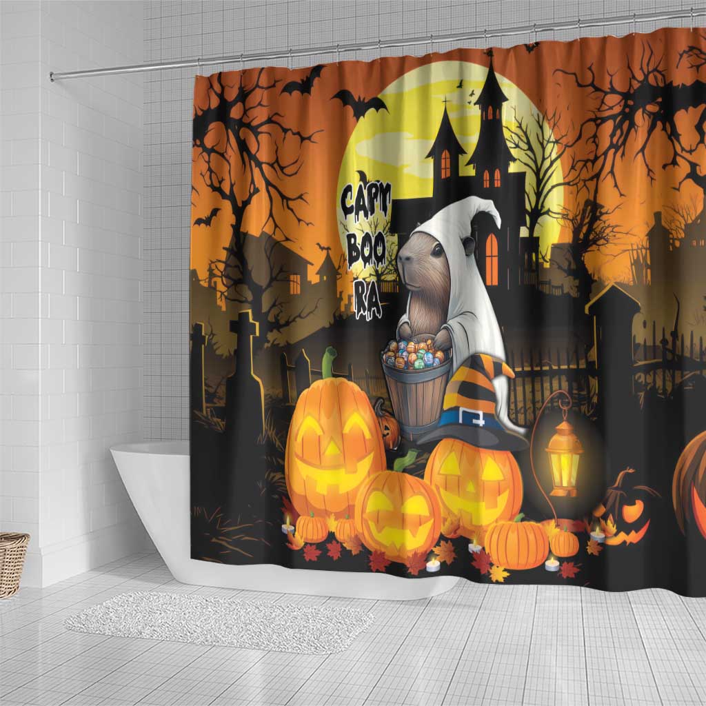 Capy-Boo-Ra Halloween Shower Curtain Haunted House And Pumpkin Spooky