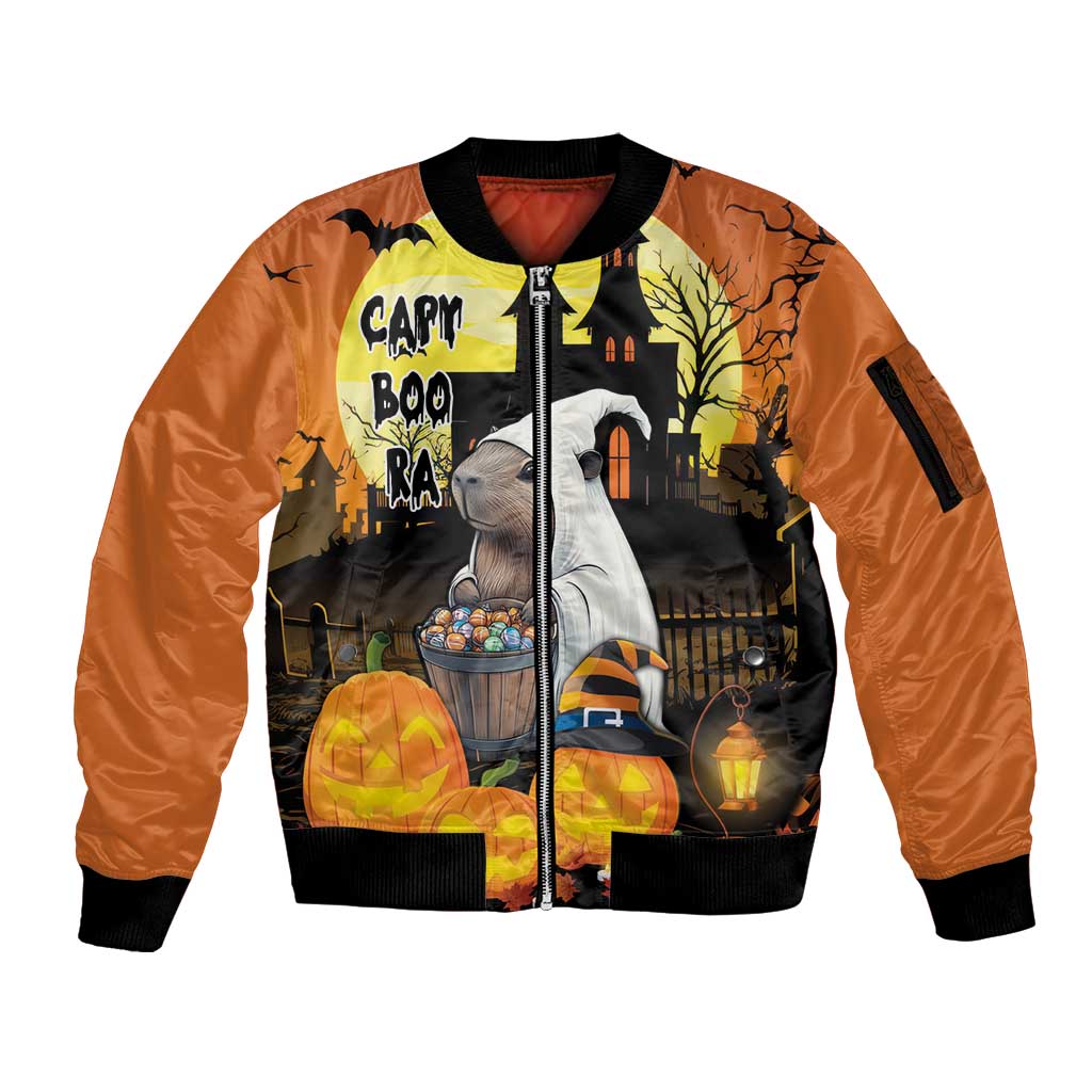 Capy-Boo-Ra Halloween Sleeve Zip Bomber Jacket Haunted House And Pumpkin Spooky - Wonder Print Shop