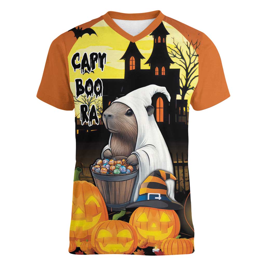 Capy-Boo-Ra Halloween Women V-Neck T-Shirt Haunted House And Pumpkin Spooky - Wonder Print Shop