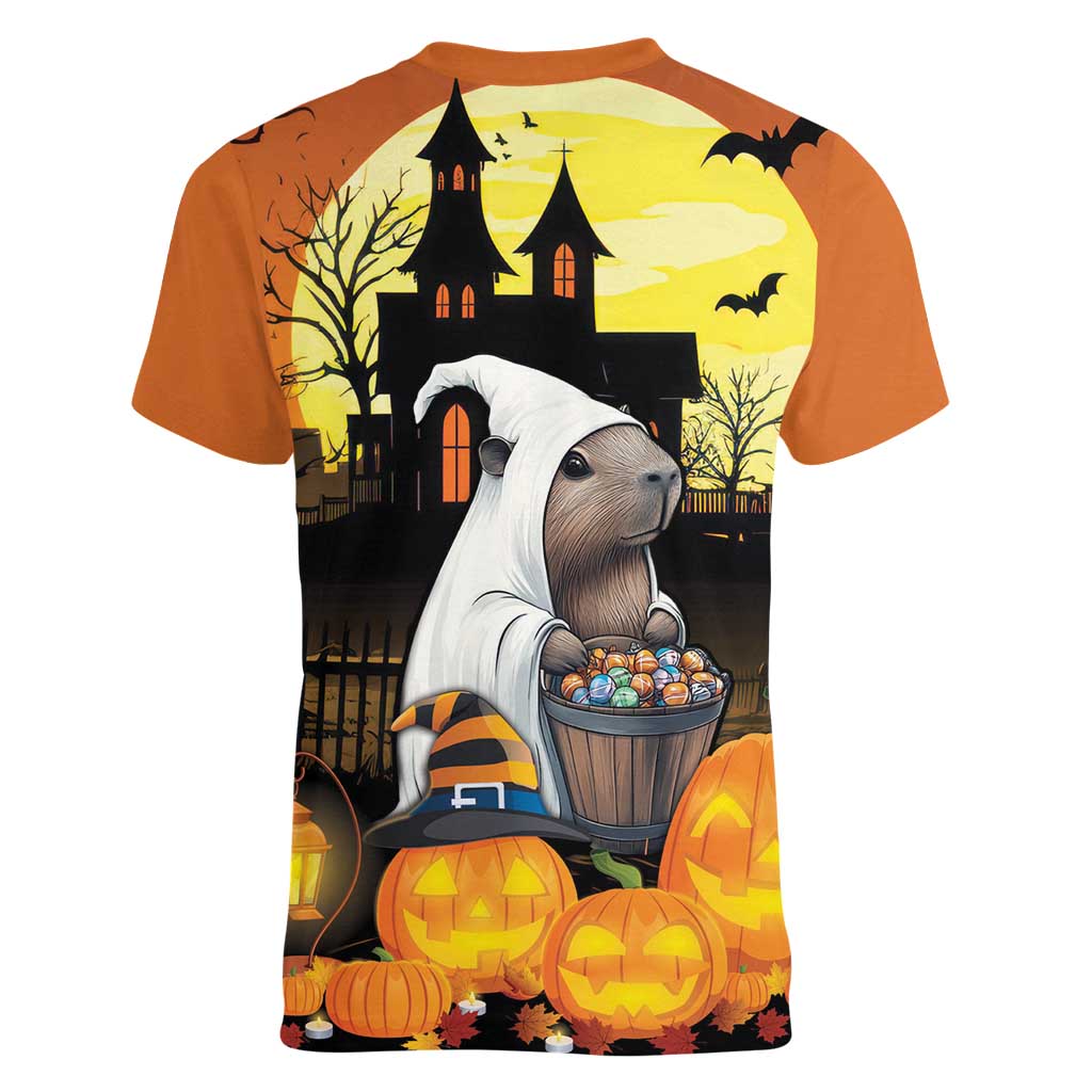 Capy-Boo-Ra Halloween Women V-Neck T-Shirt Haunted House And Pumpkin Spooky - Wonder Print Shop