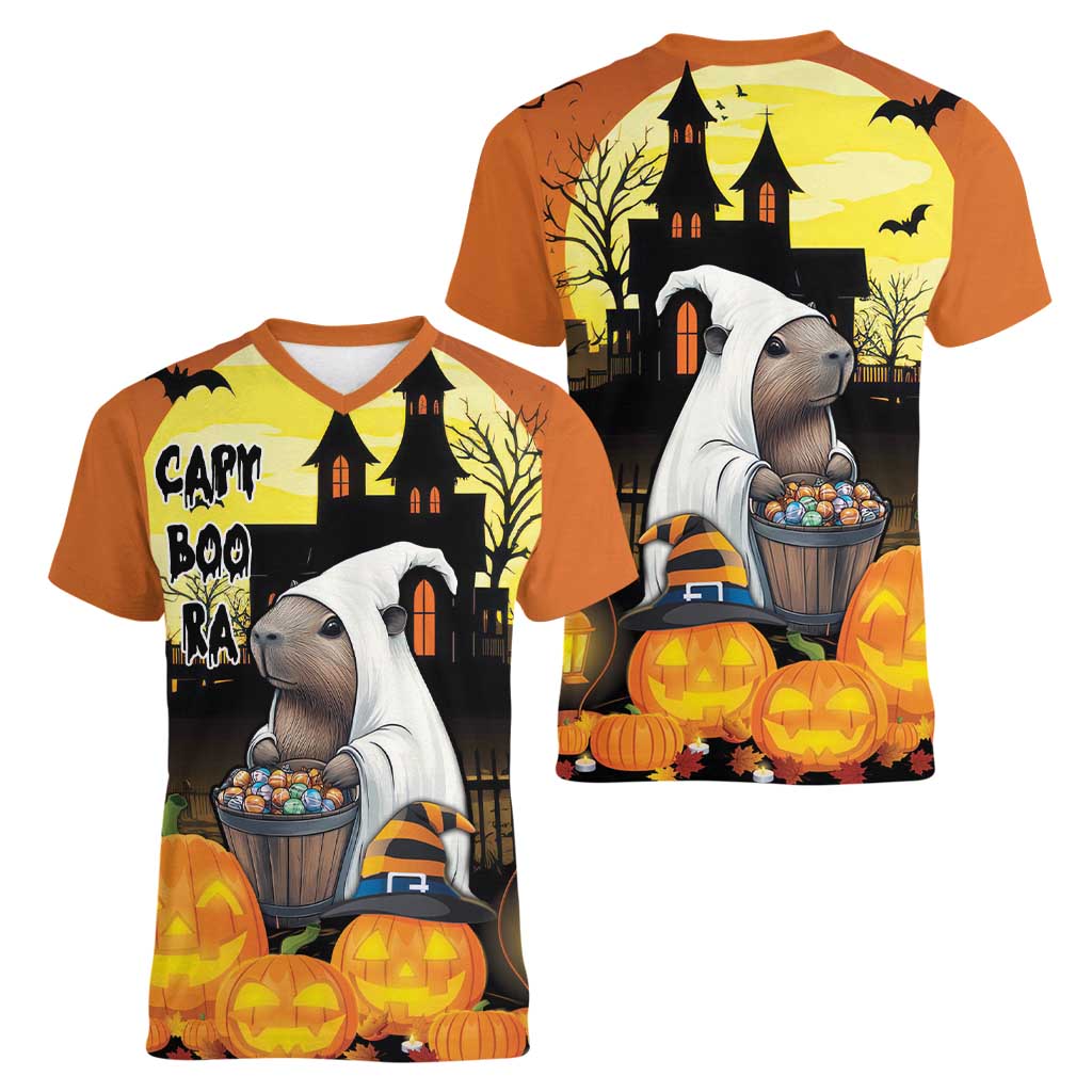 Capy-Boo-Ra Halloween Women V-Neck T-Shirt Haunted House And Pumpkin Spooky - Wonder Print Shop