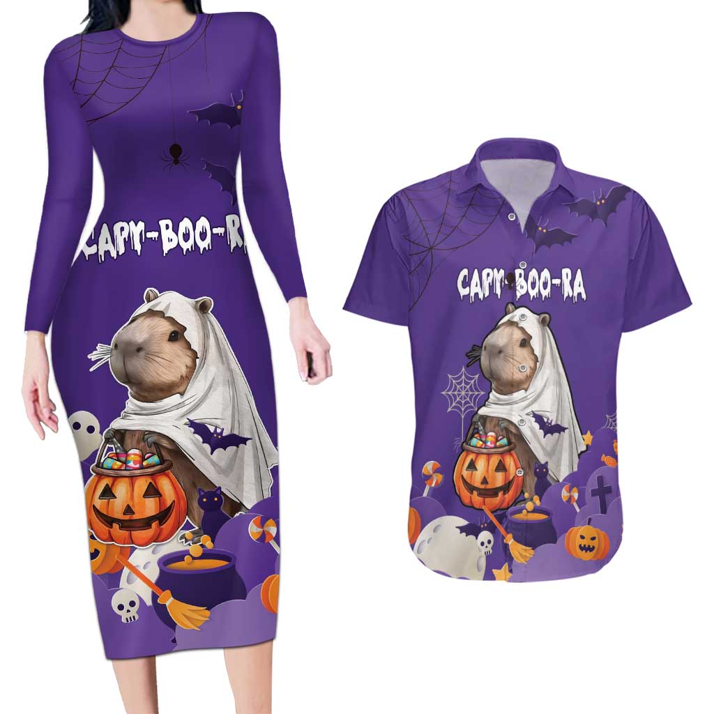 Capy-Boo-Ra Halloween Couples Matching Long Sleeve Bodycon Dress and Hawaiian Shirt Bats And Pumpkins Funny Style - Wonder Print Shop