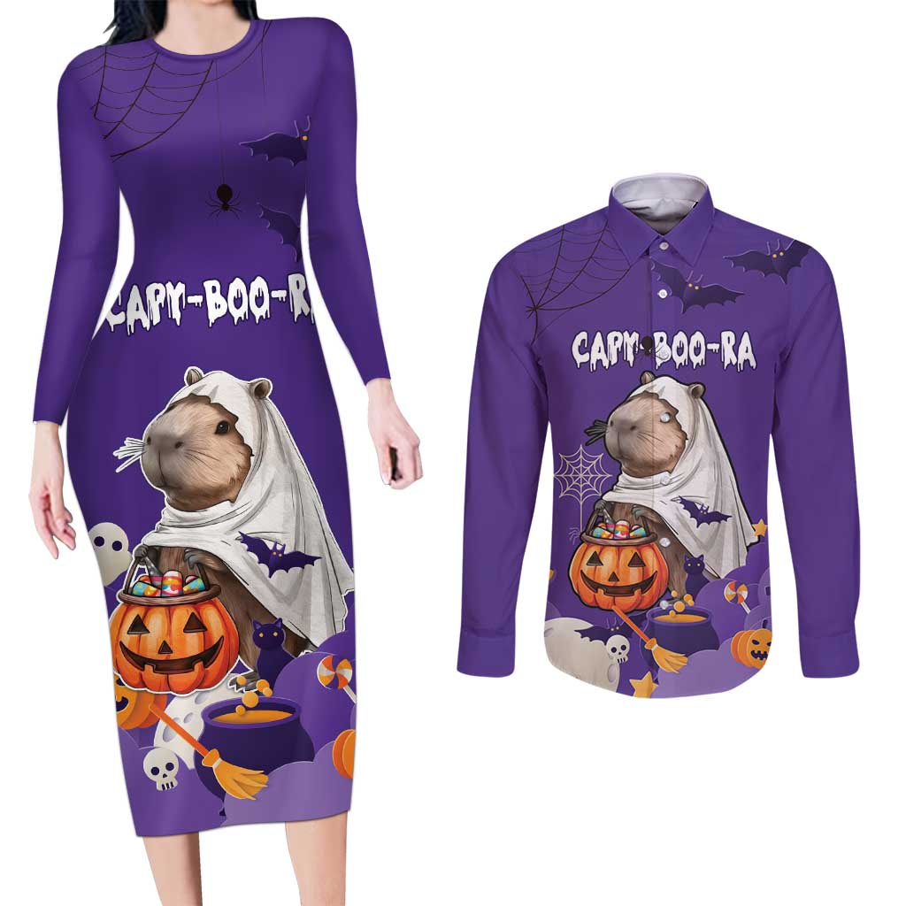 Capy-Boo-Ra Halloween Couples Matching Long Sleeve Bodycon Dress and Long Sleeve Button Shirt Bats And Pumpkins Funny Style - Wonder Print Shop