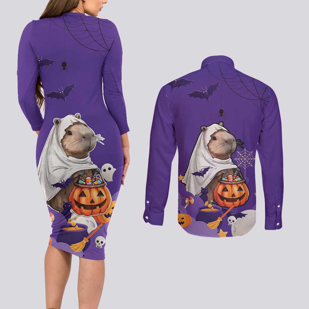 Capy-Boo-Ra Halloween Couples Matching Long Sleeve Bodycon Dress and Long Sleeve Button Shirt Bats And Pumpkins Funny Style - Wonder Print Shop