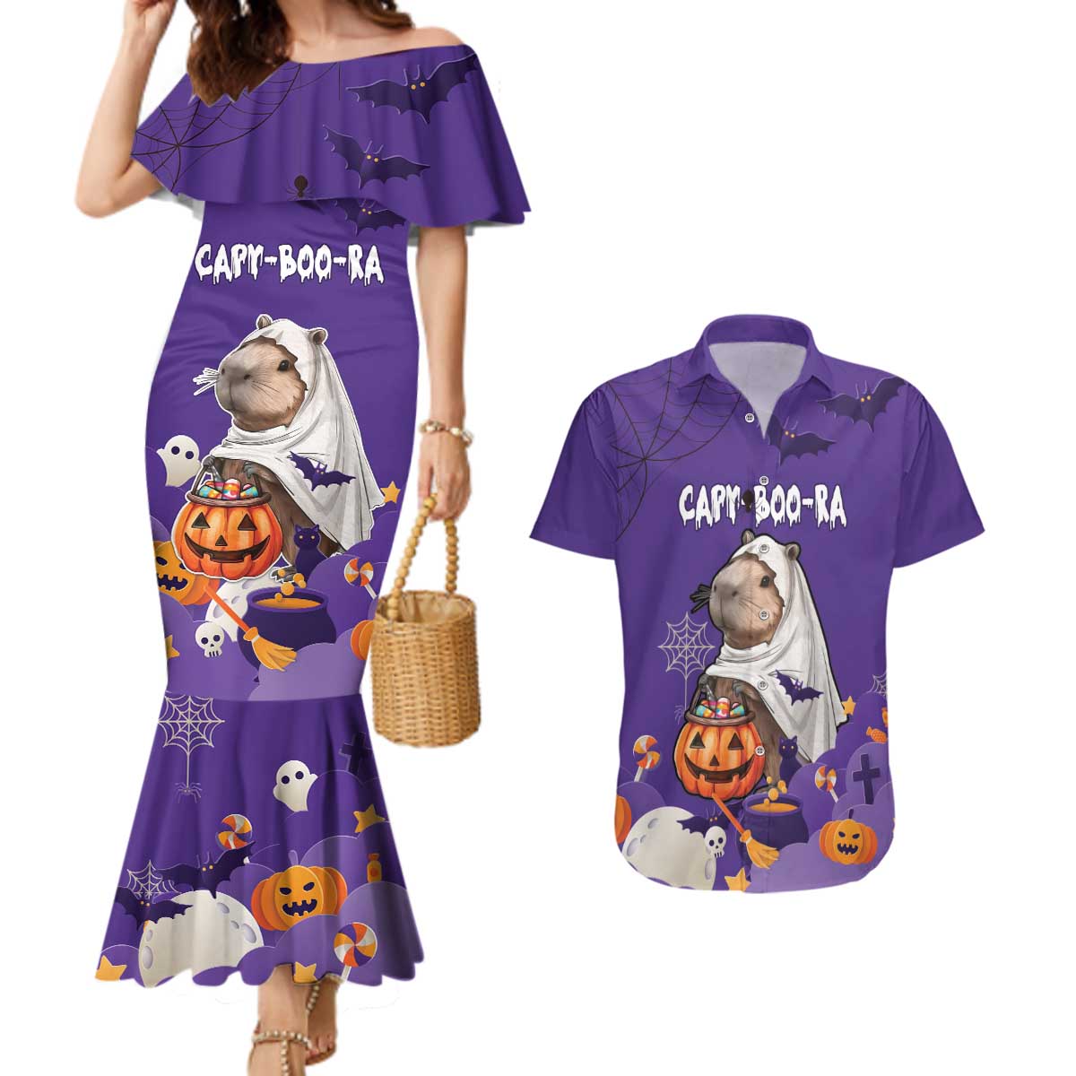 Capy-Boo-Ra Halloween Couples Matching Mermaid Dress and Hawaiian Shirt Bats And Pumpkins Funny Style - Wonder Print Shop