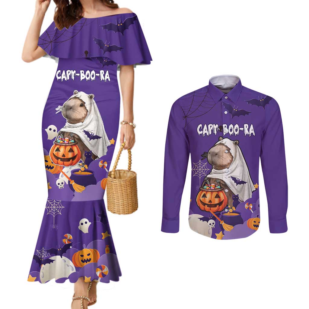 Capy-Boo-Ra Halloween Couples Matching Mermaid Dress and Long Sleeve Button Shirt Bats And Pumpkins Funny Style