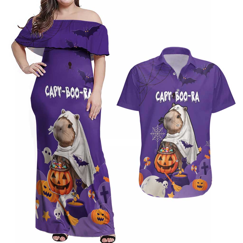 Capy-Boo-Ra Halloween Couples Matching Off Shoulder Maxi Dress and Hawaiian Shirt Bats And Pumpkins Funny Style - Wonder Print Shop