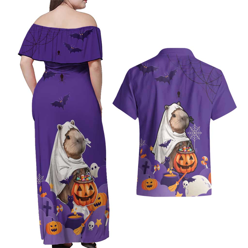 Capy-Boo-Ra Halloween Couples Matching Off Shoulder Maxi Dress and Hawaiian Shirt Bats And Pumpkins Funny Style - Wonder Print Shop