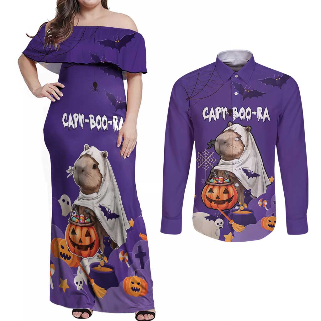 Capy-Boo-Ra Halloween Couples Matching Off Shoulder Maxi Dress and Long Sleeve Button Shirt Bats And Pumpkins Funny Style - Wonder Print Shop