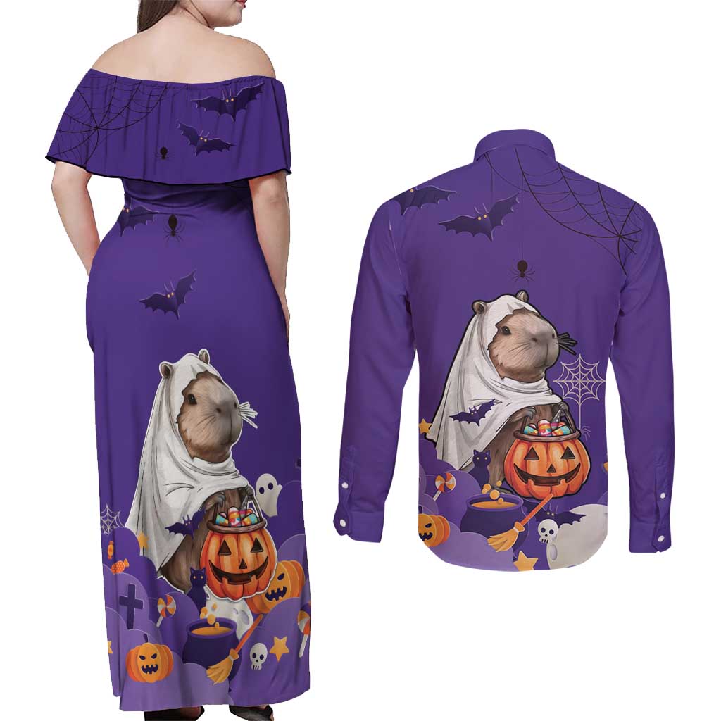 Capy-Boo-Ra Halloween Couples Matching Off Shoulder Maxi Dress and Long Sleeve Button Shirt Bats And Pumpkins Funny Style - Wonder Print Shop