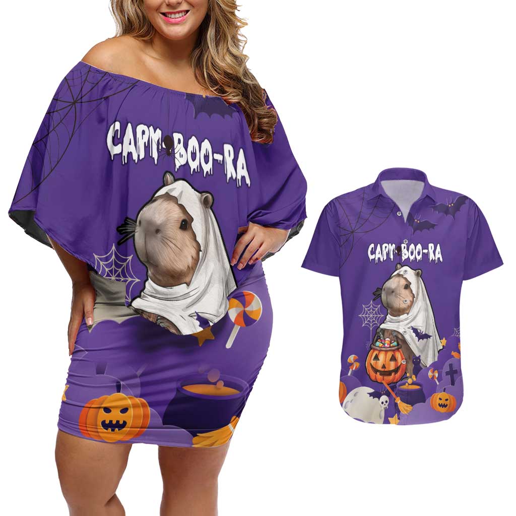 Capy-Boo-Ra Halloween Couples Matching Off Shoulder Short Dress and Hawaiian Shirt Bats And Pumpkins Funny Style - Wonder Print Shop